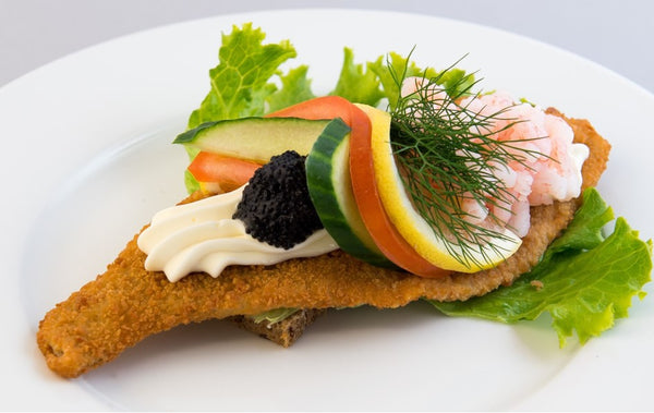 Butter-fried filler of plaice with  mayonnaise and shrimps